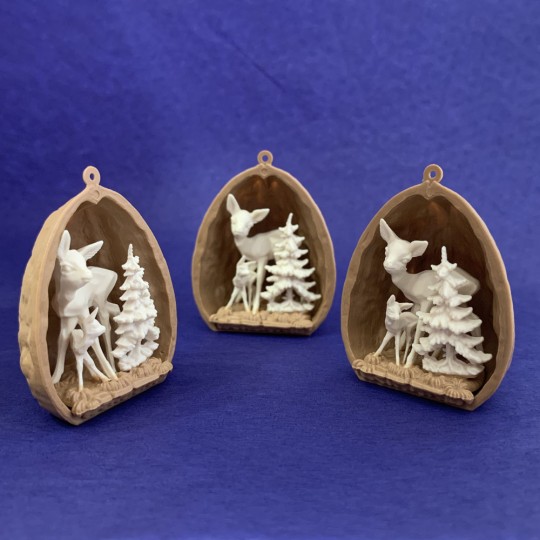 2 Miniature Plastic Ornaments ~ Walnut Deer Scenes ~ 1-1/2" tall